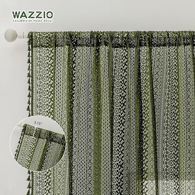 WAZZIO Boho Lace Curtains 84 Inches 2 Panel, Light Filtering Privacy Tassel & - Image 6