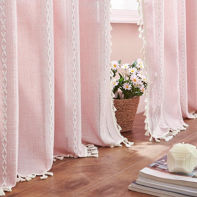 Linen Boho Pink Embroidered Curtains by BCLBUSTE