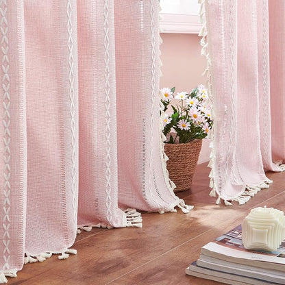 Linen Boho Pink Embroidered Curtains by BCLBUSTE