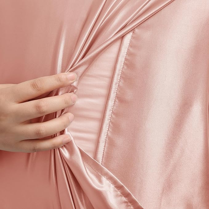 Rose Gold Satin Pillowcase Standard Set of 2 with Envelope Closure，Rose Gold Silk Pillowcase for Hair and Skin (20x26)