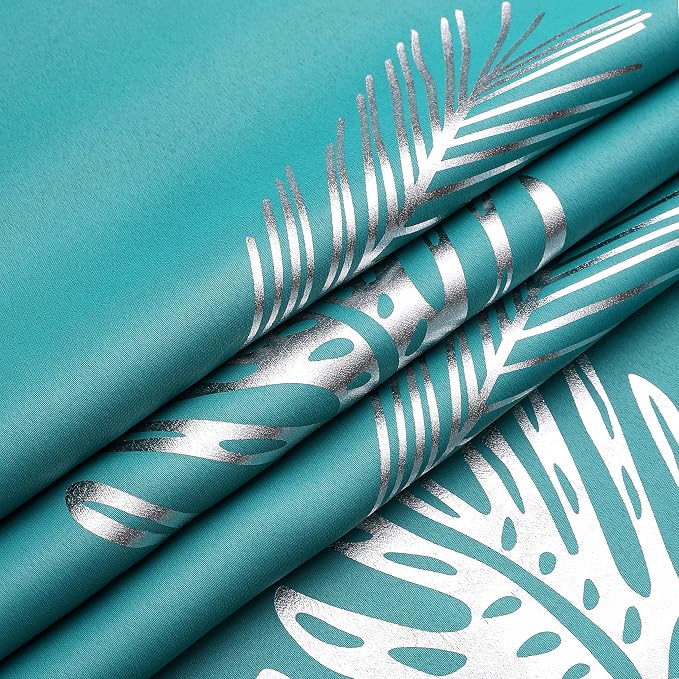 Teal Blackout Curtains for Bedroom, Room Darkening Silver Palm Tree Pattern - Image 8