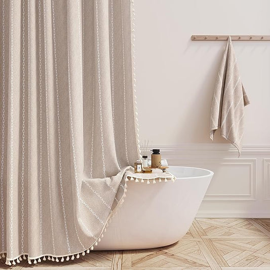 72x96 Extra Long Boho Linen Heavy Duty Shower Curtain Set, Tan/Taupe | Extra by ShowerCurtain