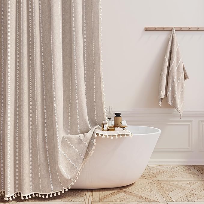 Tan Cream Boho Farmhouse Linen Heavy Duty Shower Curtain, 72x72 | 330GSM Linen by ShowerCurtain