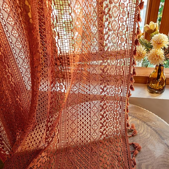 WAZZIO Boho Lace Curtains 96 Inches 2 Panel, Light Filtering Privacy Tassel & by WAZZIO