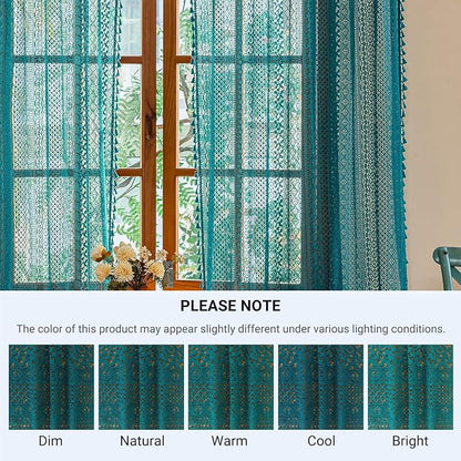 WAZZIO Boho Lace Curtains 45 Inches 2 Panel, Light Filtering Privacy Tassel & - Image 9