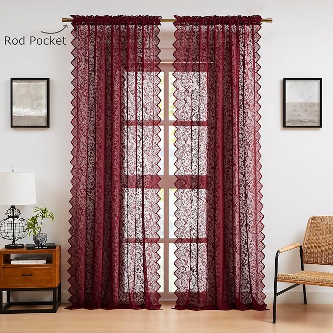 Bujasso Burgundy Lace Sheer Curtains - Image 8