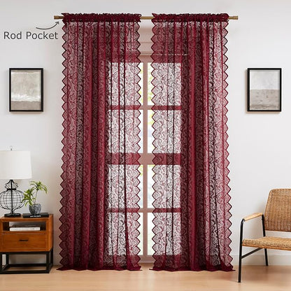 Bujasso Burgundy Red Lace Sheer Curtains 84 inch Length - Image 8