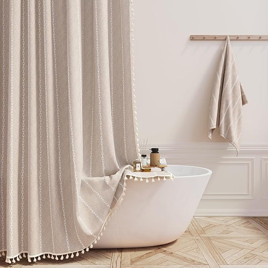 54 x 72 Boho Linen Heavy Duty Cloth Shower Curtain Set, Tan/Taupe | Small Size by ShowerCurtain