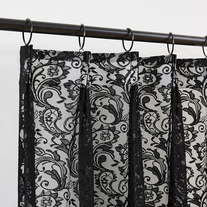 Bujasso Black Lace Pinch Pleat Curtains 102 inch, Gothic Vintage Floral Sheer - Image 7