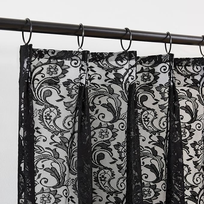 Bujasso Black Lace Pinch Pleat Curtains 90 inch, Gothic Vintage Floral Sheer - Image 9