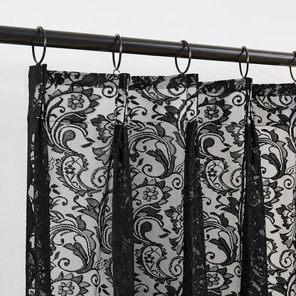 Bujasso Black Lace Pinch Pleat Curtains 90 inch, Gothic Vintage Floral Sheer - Image 9