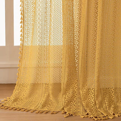 WAZZIO Boho Lace Curtains 84 Inches 2 Panel, Light Filtering Privacy Tassel & - Image 7