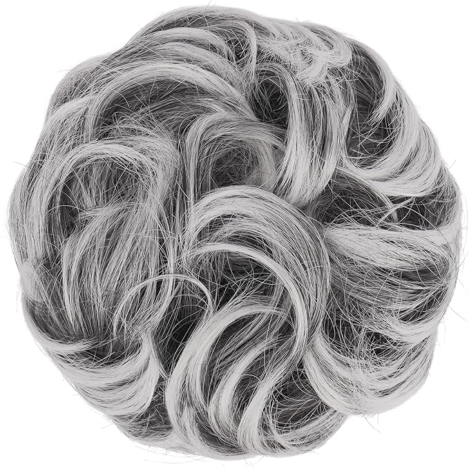 FESHFEN Messy Bun Hair Piece - Elastic Wavy Curly Hair Bun Scrunchies Extensions Synthetic Chignon Hairpieces for Women Girls, Black with White Tips 1.5 oz