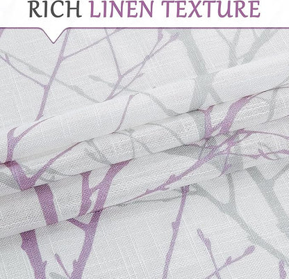FMFUNCTEX Linen Lilac White Semi Sheer Print Curtains 63 Inch Long 2 Panels | - Image 4