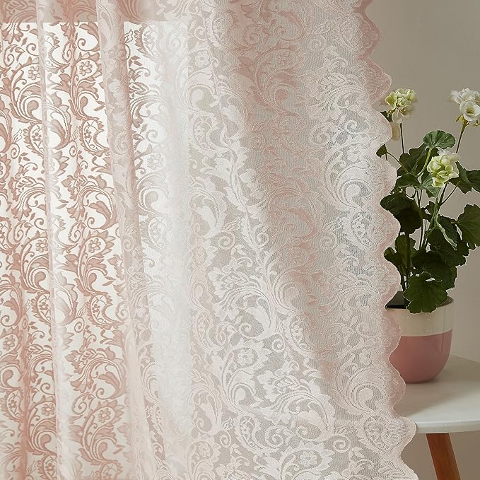 Bujasso Pink Lace Window Curtains Vintage Floral Sheer Curtain Panels 95 inch by Bujasso