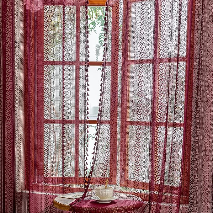 Sutuo Home Burgundy Boho Lace Curtains 72 inch Lengh - Image 3
